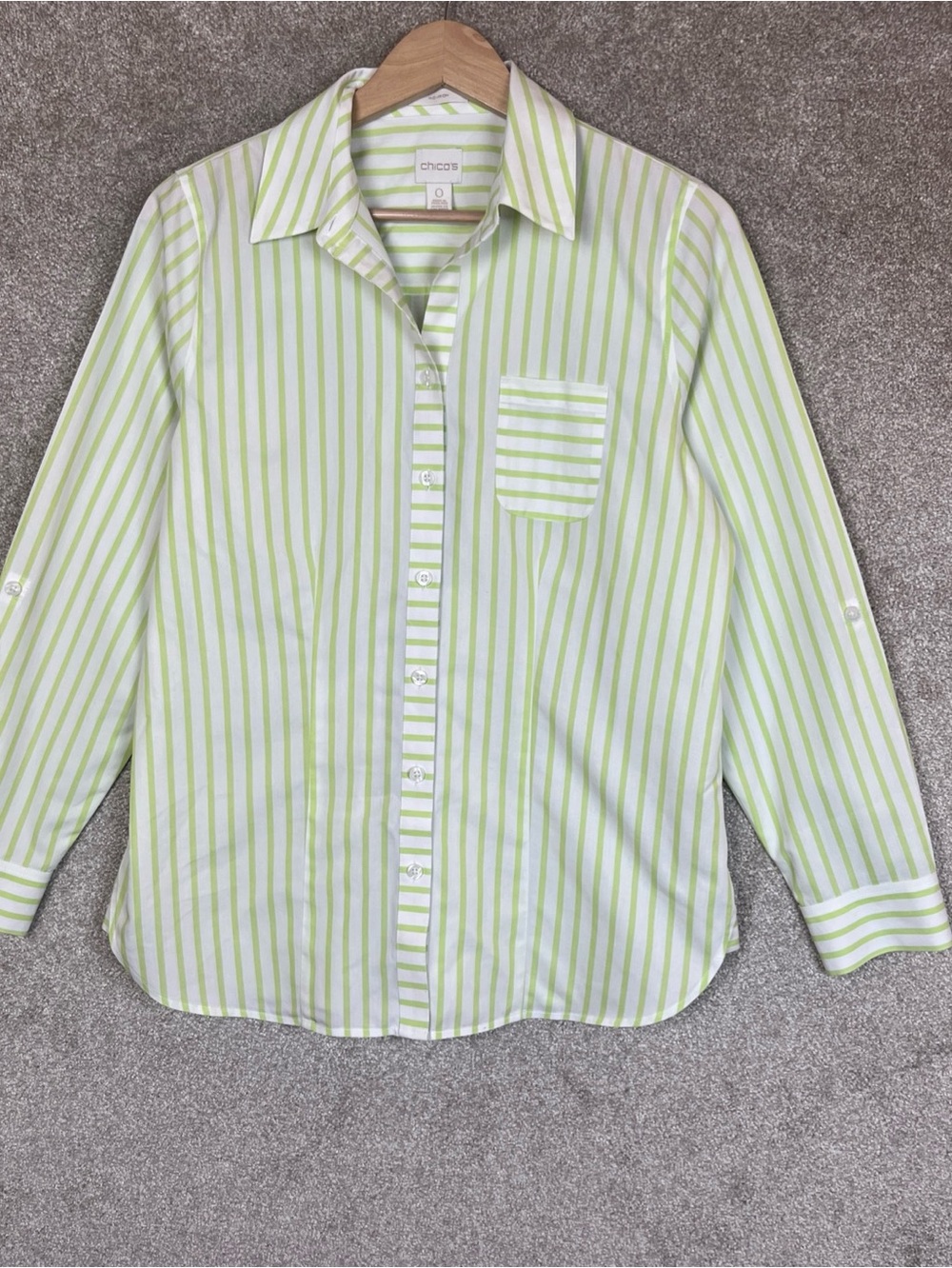 Chico's Shirt Womens 0 Green Stripe Cotton Long Sleeve Button No Iron- 5163